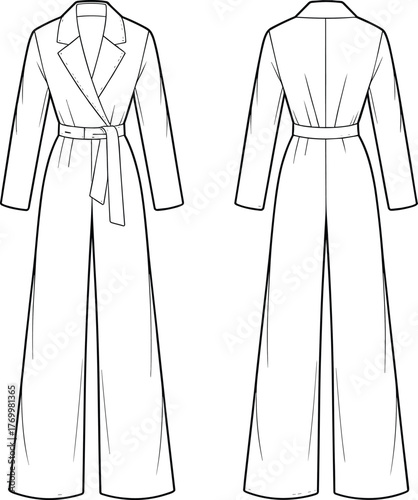 Women’s jumpsuit, fashion sketch, technical drawing, belted waist, wrap bodice, wide leg pants, cad drawing flat vector illustration, front and back view
