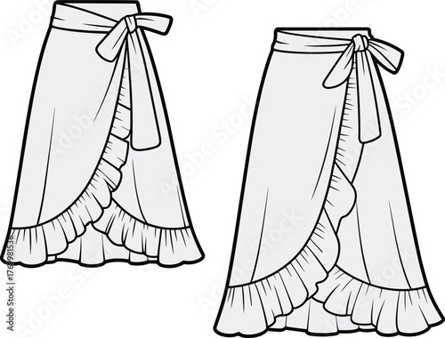 Wrap skirt fashion sketches, ruffled hem, layered design, bow tie waist, garment construction detail, CAD drawing, flat vector illustration