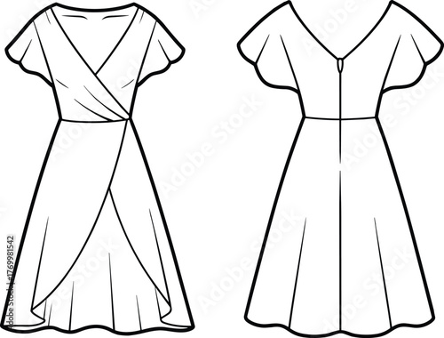 Wrap dress technical sketch front and back, flutter sleeve fashion flat with V-neck and layered skirt, cad drawing flat vector illustration