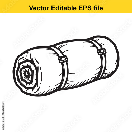 Line art illustration of a rolled sleeping bag