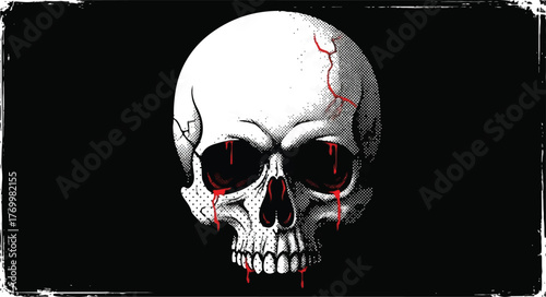 Creepy skull with blood tears and red cracks on black background illustration