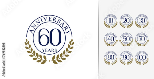 Premium age celebration logo design. Anniversary symbol with wheat icon and classic elegant concept. 
10, 20, 30, 40, 50, 60, 70, 80, 90, 100, birthday emblem vector template