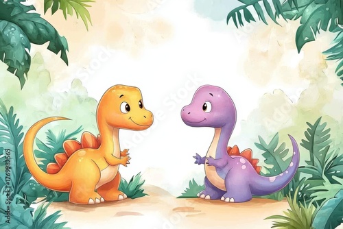 Adorable cartoon dinosaur frame design in watercolor.