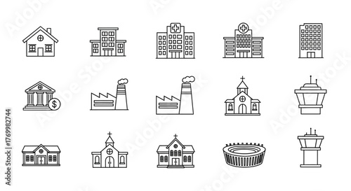 Collection of building icons: house, factory, church, stadium, hospital, bank.