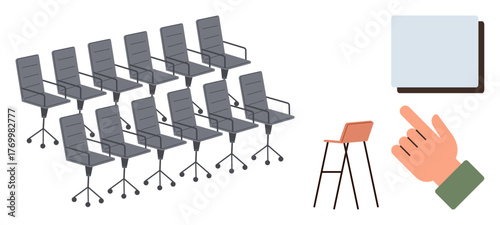 Office chairs in rows, modern high stool, whiteboard, and a hand pointing. Ideal for teamwork, education, business strategy, planning communication conferences and presentations. Simple flat