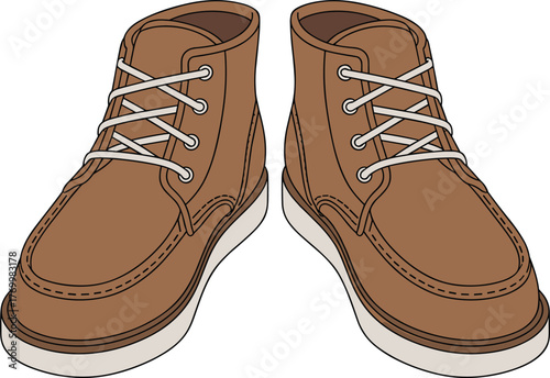 Brown leather shoes with white laces stylish casual boots vector illustration, modern fashion footwear design for men, realistic detailed shoe drawing, isolated