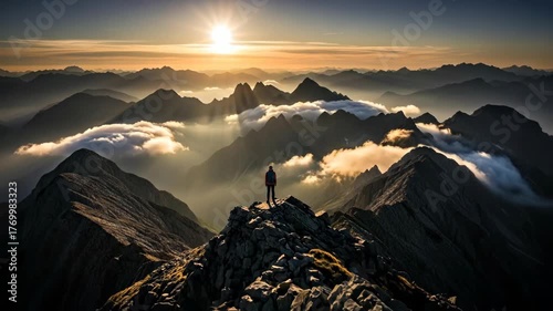 Summit Serenity: Solitary Figure Above Alpine Peaks at Sunrise