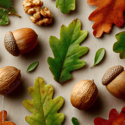 Autumn Acorns Walnuts Oak Leaves Natural Elements Textured Design Material Graphic & Packaging Design Background