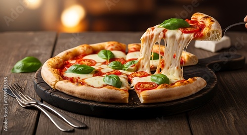 Delicious pizza with fresh basil and mozzarella cheese on a wooden board