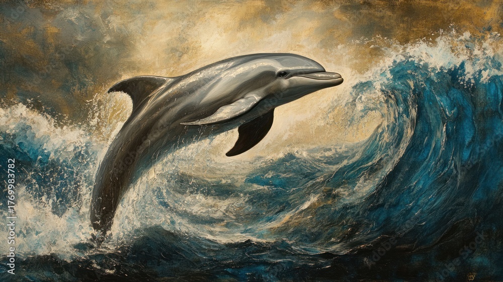 Naklejka premium Majestic Dolphin Leaps Ocean Waves Dramatic Artwork