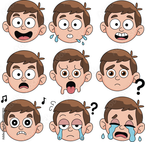 Cute cartoon boy facial expression set showing different emotions, happy sad angry surprised crying confused funny faces, vector illustration isolated background