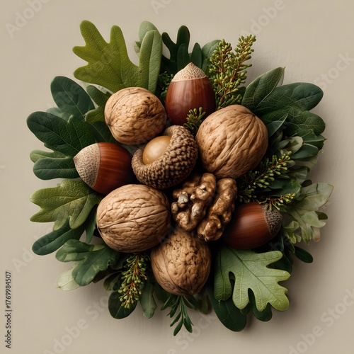 Autumn Marketing Commercial Material Nuts Leaves Natural Composition Promotional Advertising & Brand Design Background