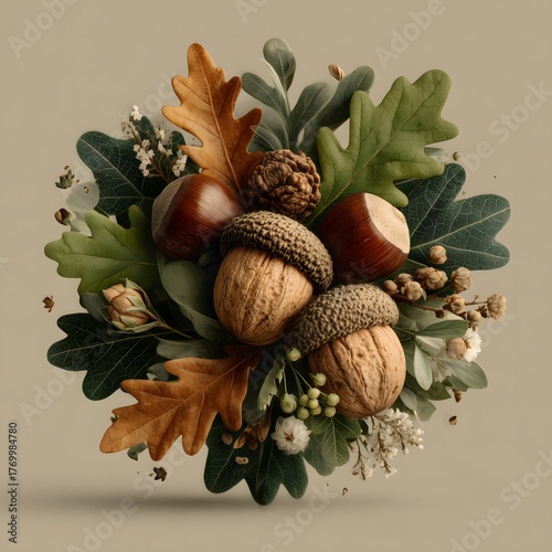 Handmade Style Autumn Natural Material Walnuts Acorns Leaves Composition Home Decor & DIY Creation Element