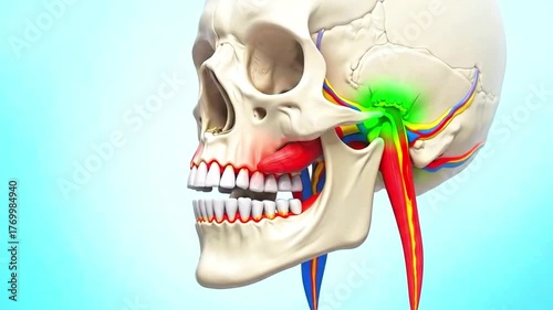 Teeth animation. Anatomical Illustration of the Human Jaw – Structure of Teeth, Muscles, and Bones.