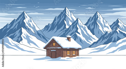 Cozy cabin nestled in snowy mountains offers a peaceful winter retreat view