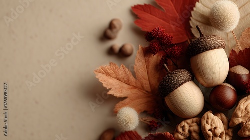 Autumn Wide Negative Space Design Background Acorns Walnuts Fall Leaves Natural Elements Marketing & Graphic Design Material