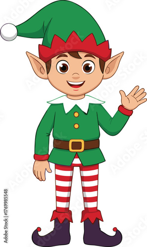 Cartoon Christmas elf character vector, festive holiday costume with striped tights and hat, cad drawing flat vector illustration