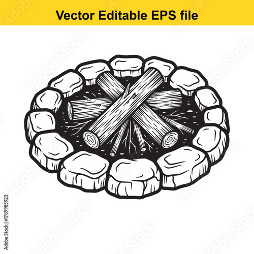 Campfire pit with logs and stones, handdrawn illustration