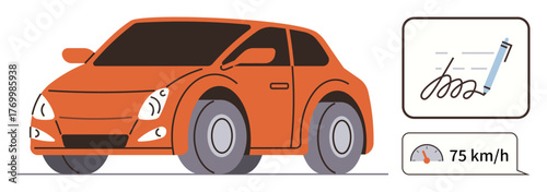 Orange car driving next to curved skid marks and speedometer at 75 kmh. Ideal for speed, driving safety, road awareness, control, vehicle designs, speed limits, simple flat metaphor