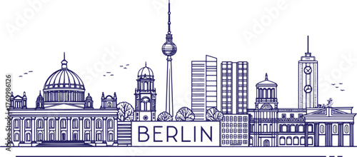 Berlin Skyline Sketch with Brandenburg Gate, TV Tower, Reichstag, and Cathedral – Artistic Cultural Line Art for Travel Posters and Tourism Branding