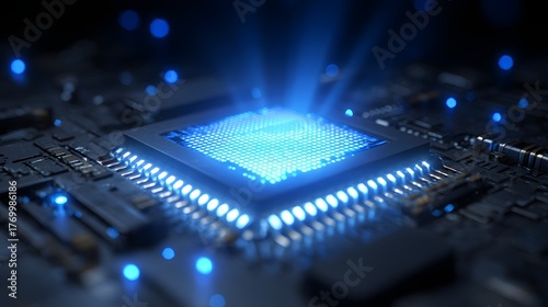 Illuminated integrated circuit processor glowing with intense blue light against a dark background