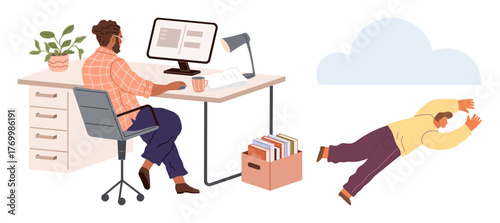 Person working at desk with desktop, files, and plant while another floats in midair towards a cloud. Ideal for remote work, focus, creativity, escapism, balance multitasking productivity. Simple