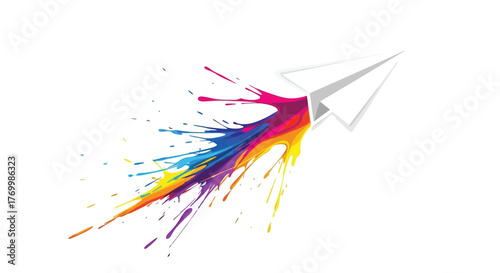 Paper airplane soaring with vibrant colorful paint trails on a white background