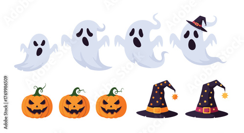 Cute Halloween cartoon illustrations including spooky ghosts, grinning jack-o'-lanterns, and classic witch hats against a white background.