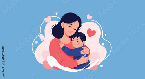 A loving mother gently embraces her smiling child, surrounded by hearts and abstract shapes, symbolizing the beautiful bond and joy of motherhood.