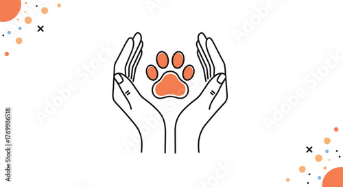Hands gently cradling an orange paw print, symbolizing care, protection, and love for animals, with playful corner accents.
