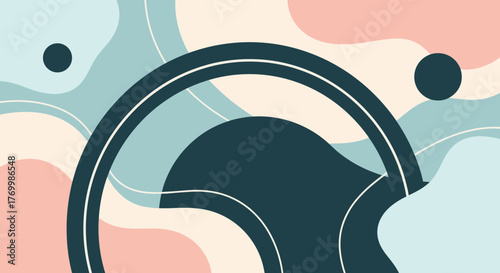 A modern abstract design featuring flowing organic shapes and bold circles in a serene pastel and deep blue color scheme, evoking tranquility.