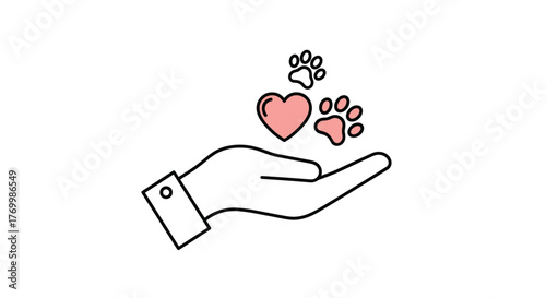 A hand gently holds a pink heart and two adorable paw prints, symbolizing care, love, and compassion for animals and pets.
