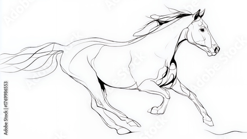An elegant single line drawing of a galloping horse, minimalist black ink on a white background, smooth continuous contours, fine art sketch aesthetic.