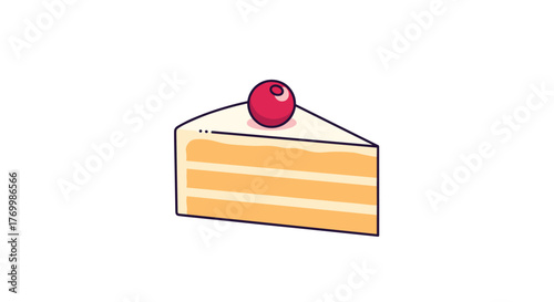Delicious layered cake slice with white frosting and a red cherry on top, presented in a cute, minimalist cartoon style.