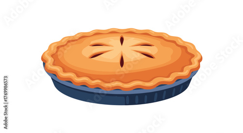 A classic, round, golden-brown pie, likely apple, baked in a blue fluted dish with a decorative crust and vent slits on a white background.