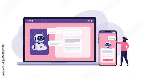 A person interacts with an AI chatbot on a smartphone, showcasing digital customer service and tech support across both mobile and laptop interfaces.