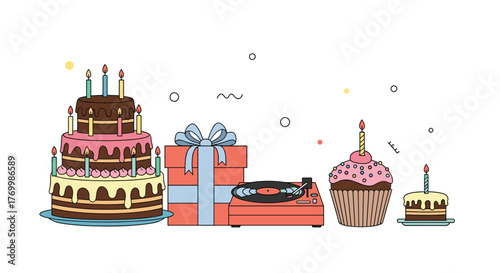 A colorful birthday celebration with a tiered cake, present, record player, cupcake, and small cake, all featuring bright candles.