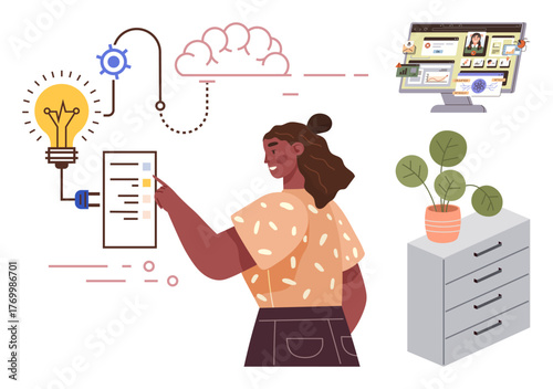 Woman using digital tools for ideas, innovation, and creative problem-solving. Ideal for brainstorming, workflow, technology, productivity, teamwork creativity and education. Simple flat metaphor