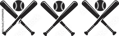 Black and white baseball crossed bats and ball illustration, minimalist sports design, vector graphic icon, athletic emblem for baseball team logo