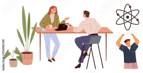 Two colleagues discussing ideas at a table with a laptop and coffee, surrounded by plants and a cheerful man. Atomic model symbolizes innovation. Ideal for teamwork, idea generation, learning