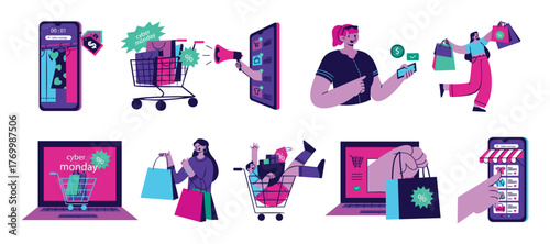 Cyber Monday Online Shopping Illustration Set