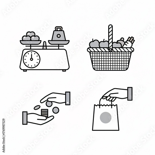 Vector illustration of local market concept — weighing fruits, shopping basket, payment, and goods exchange