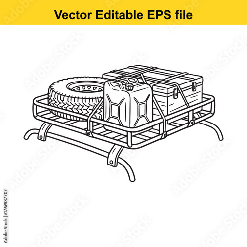 Roof rack with spare tire, jerrycan, and cargo box