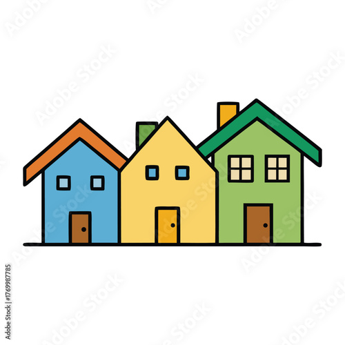 A group of houses nestled together forms a cozy neighborhood, with charming roofs, tidy yards, and paths connecting families in a warm, welcoming community.
