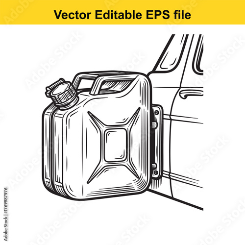 Vintage jerrycan mounted on the side of a classic car, detailed line art illustration