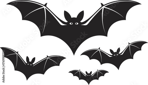 Black flying bats illustration on white background, spooky Halloween night design, scary silhouette artwork, horror themed vector, creepy animal graphic