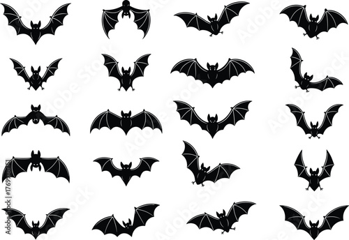 Collection of black bat silhouette illustrations, flying bats vector set, halloween spooky icons, gothic nocturnal animal shapes artwork