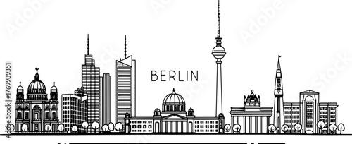 Berlin City Skyline with Famous Landmarks – Brandenburg Gate, Fernsehturm, Reichstag, Berlin Cathedral – Travel Illustration for Tourism Promotion