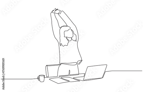Continuous one line drawing of a woman stretching her arms after working at desk, taking break, relaxation, and work-life balance in modern lifestyle concept, single line art.