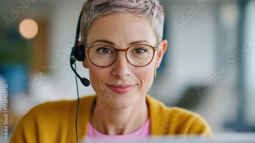 Engaged Customer Service Representative with Headset and Warm Smile in Modern Office Setting, Ready to Assist with Professional Expertise and Friendly Demeanor